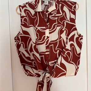 Rachel Zoe brown and White Abstract Button Down Shirt cute tie waist!